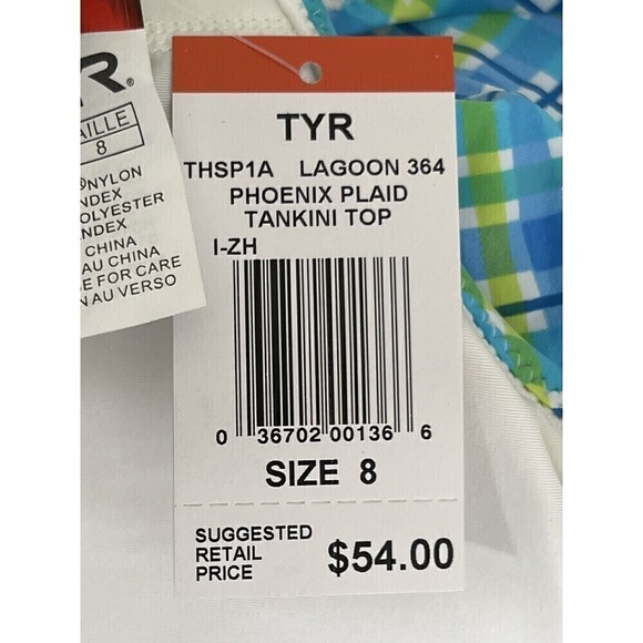 NWT TYR Women's Phoenix Blue Plaid Tankini Built in Bra Swimsuit Gym Top Size 8 - Picture 7 of 10